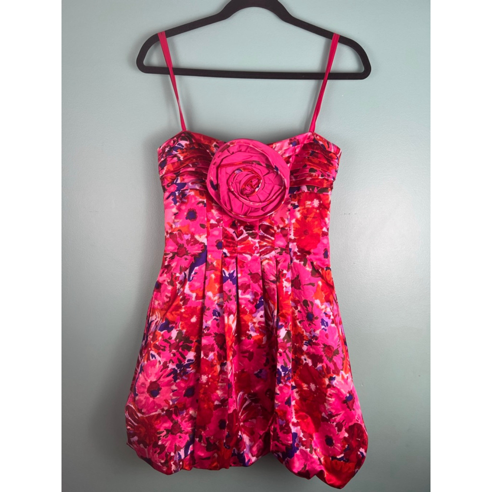 BCBGMAXAZRIA sz2 Pink/Red Floral Rosette Cocktail Party Mini Dress Bubble hoco